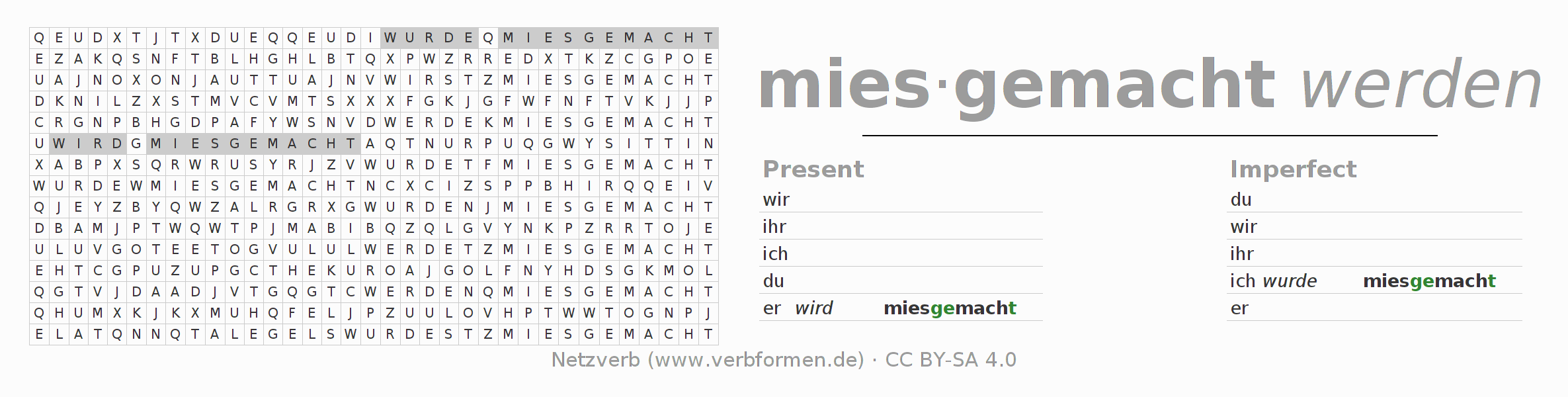 Word search puzzle for conjugation of German verb miesmachen