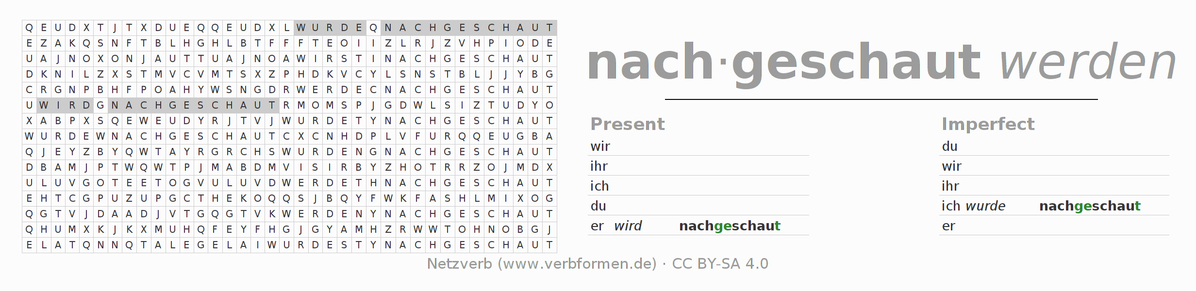 Word search puzzle for conjugation of German verb nachschauen