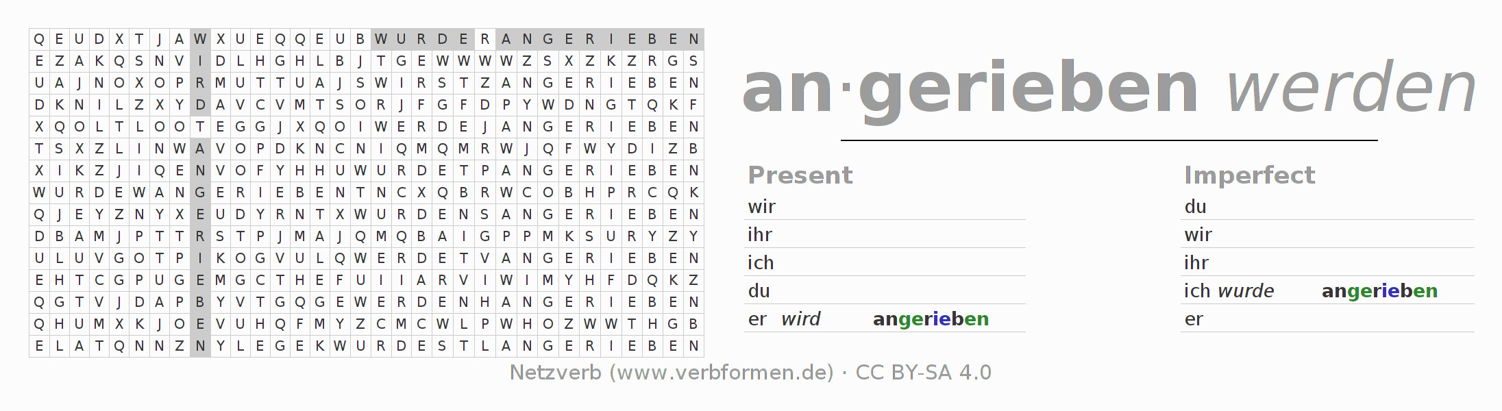 Word search puzzle for conjugation of German verb anreiben