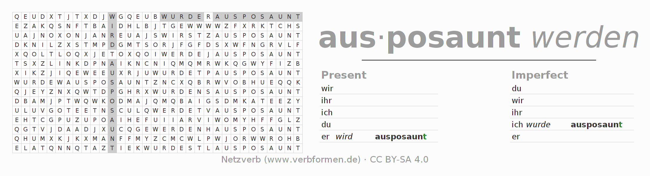 Word search puzzle for conjugation of German verb ausposaunen