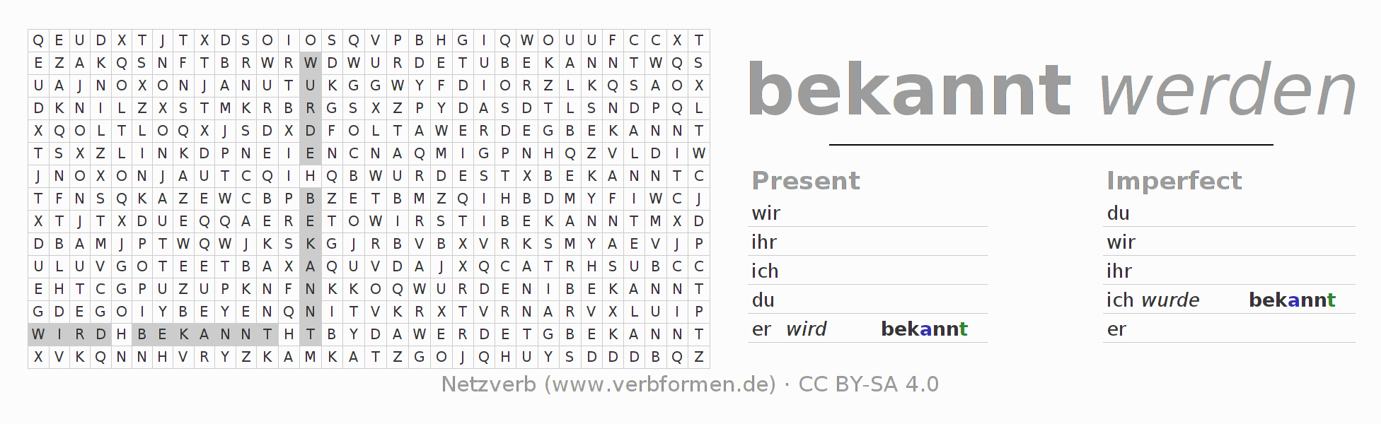 Word search puzzle for conjugation of German verb bekennen