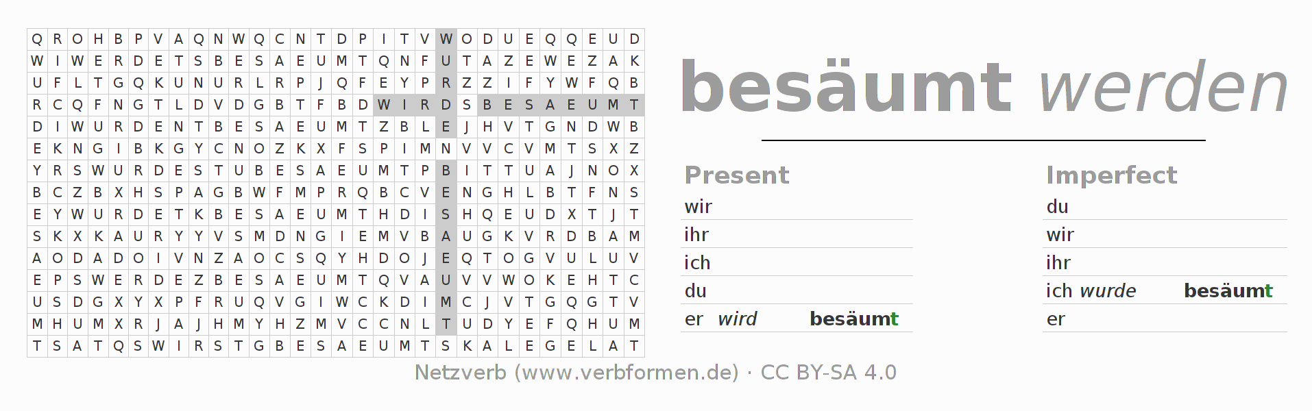 Word search puzzle for conjugation of German verb besäumen