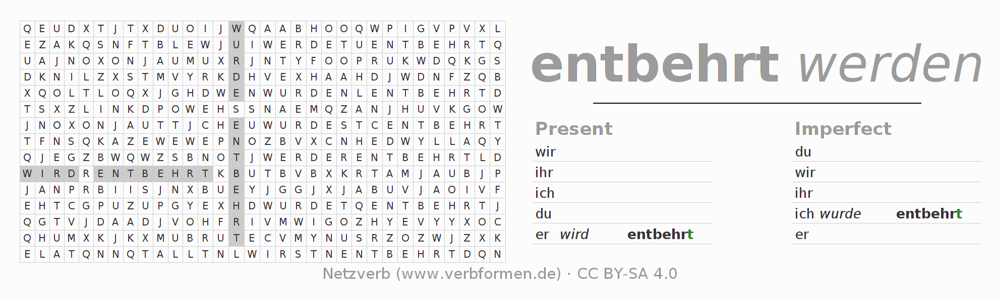 Word search puzzle for conjugation of German verb entbehren