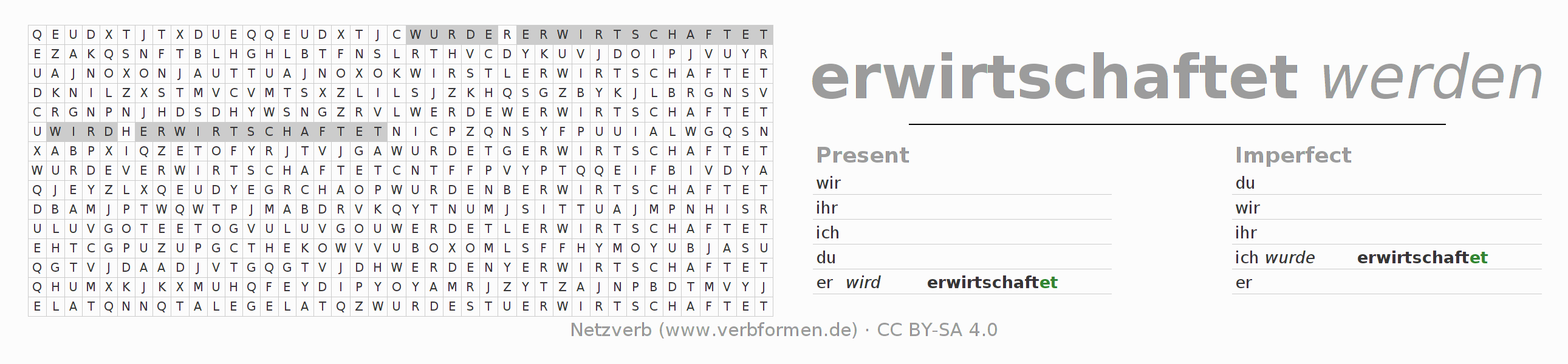 Word search puzzle for conjugation of German verb erwirtschaften