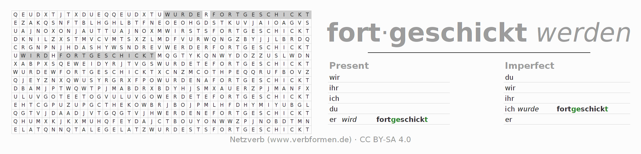 Word search puzzle for conjugation of German verb fortschicken