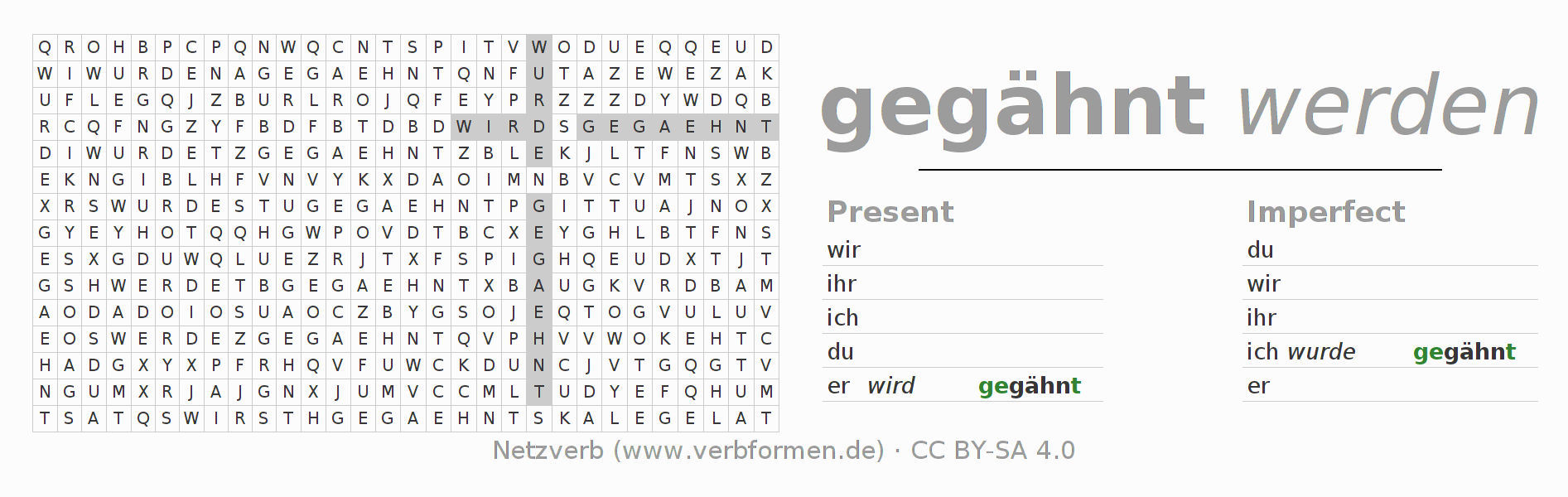 Word search puzzle for conjugation of German verb gähnen