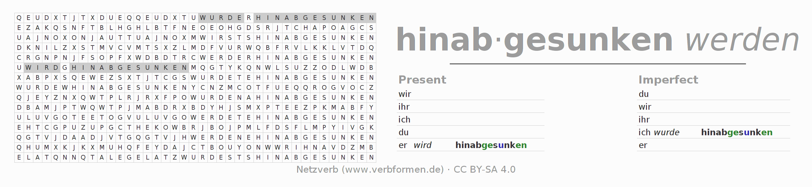 Word search puzzle for conjugation of German verb hinabsinken