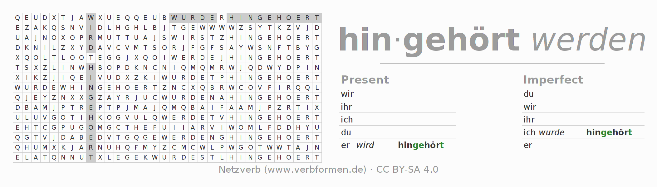 Word search puzzle for conjugation of German verb hinhören