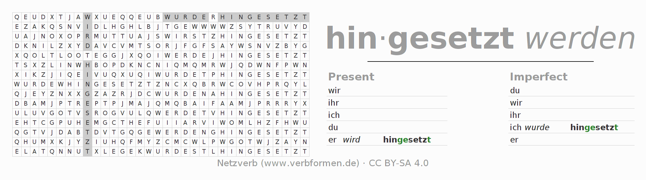 Word search puzzle for conjugation of German verb hinsetzen