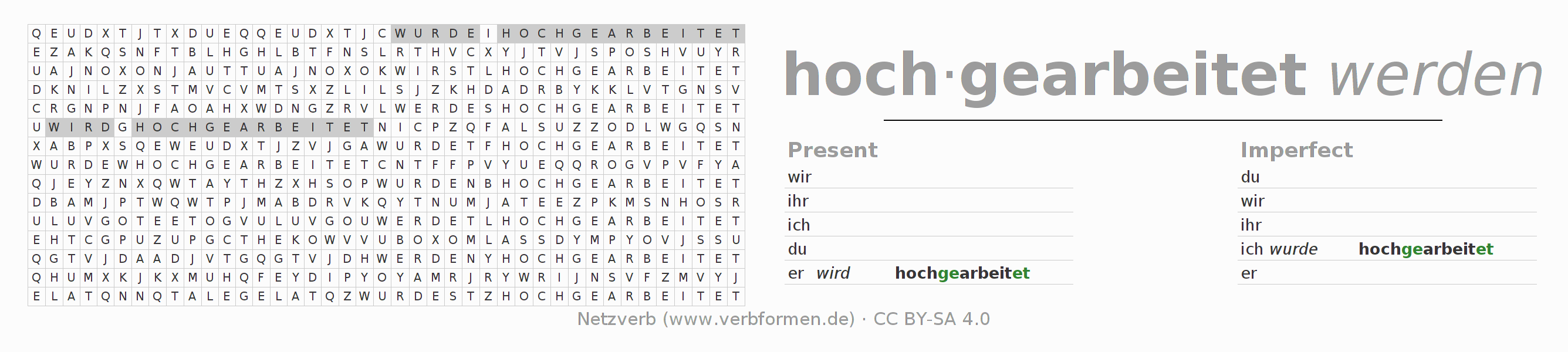 Word search puzzle for conjugation of German verb hocharbeiten