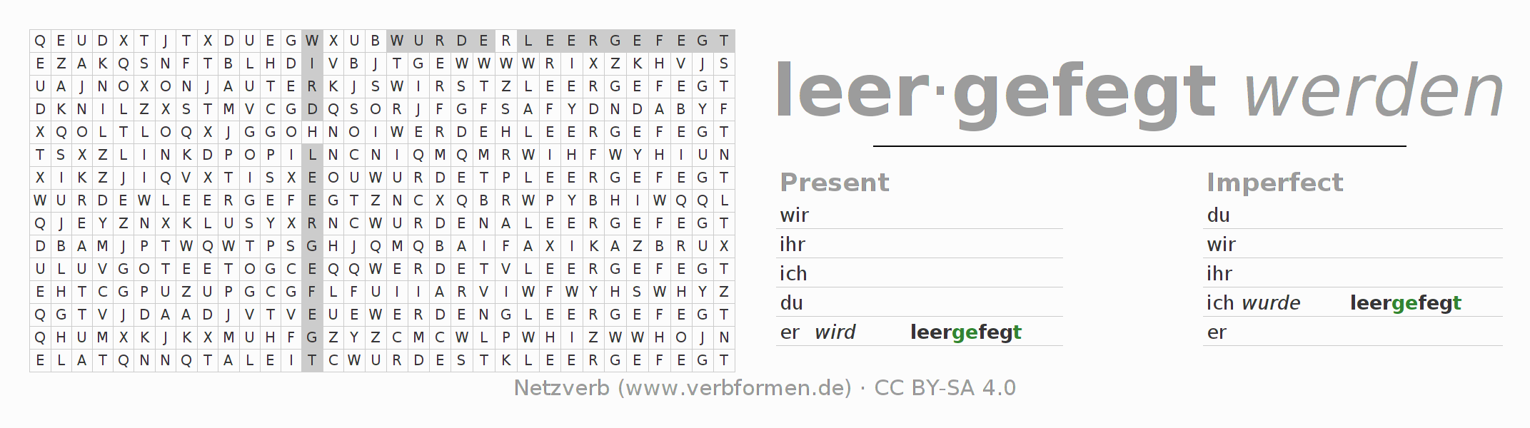 Word search puzzle for conjugation of German verb leerfegen