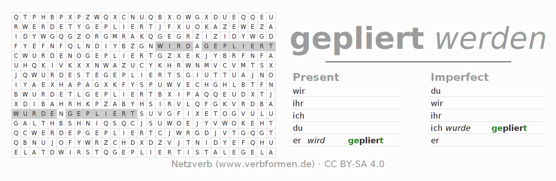 Word search puzzle for conjugation of German verb plieren
