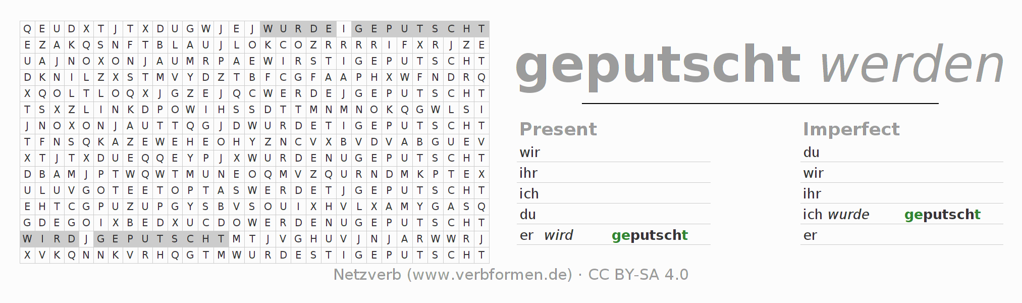 Word search puzzle for conjugation of German verb putschen