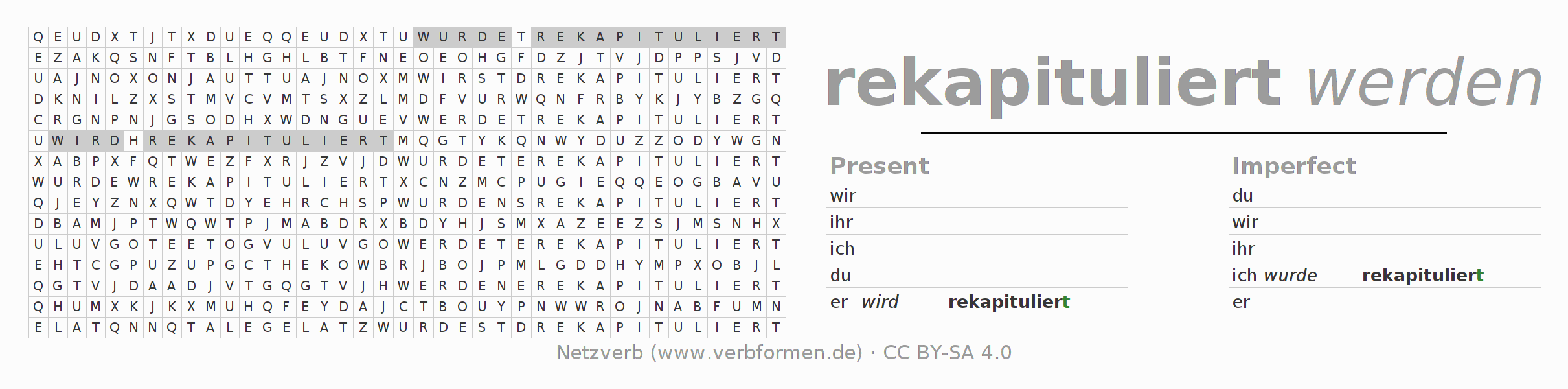 Word search puzzle for conjugation of German verb rekapitulieren