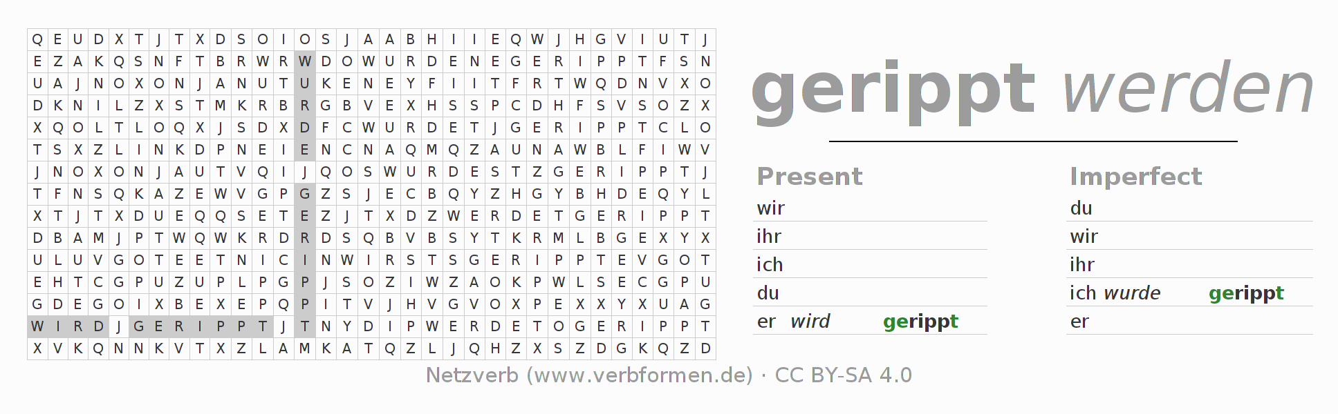 Word search puzzle for conjugation of German verb rippen