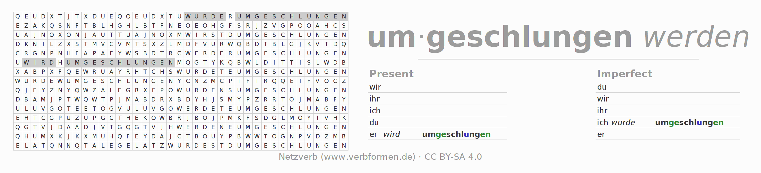 Word search puzzle for conjugation of German verb um-schlingen