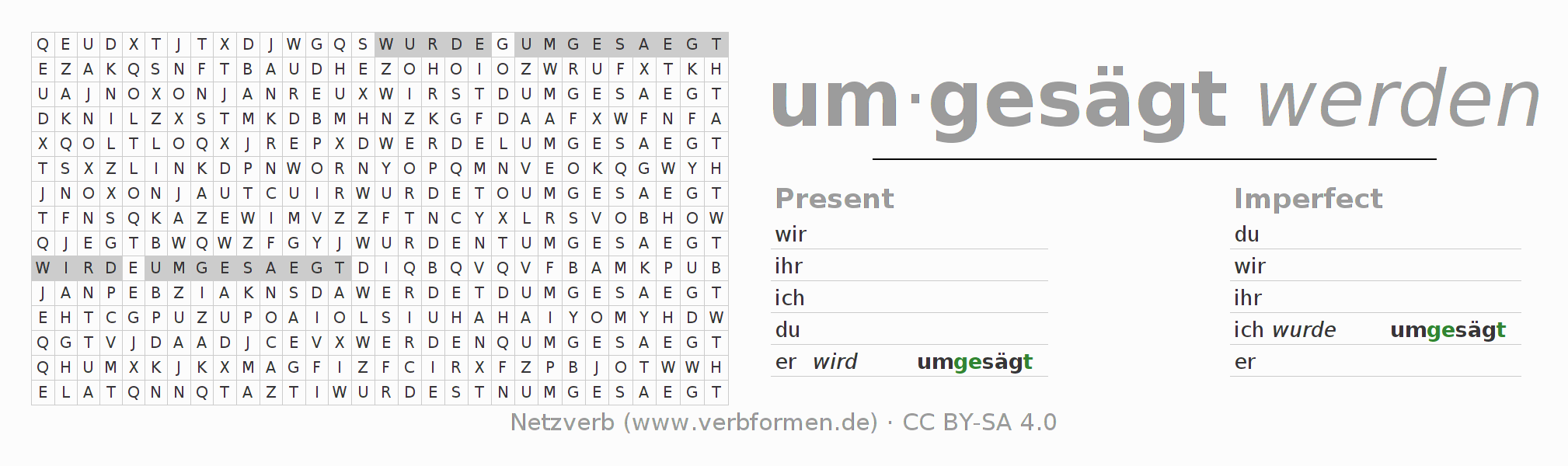 Word search puzzle for conjugation of German verb umsägen