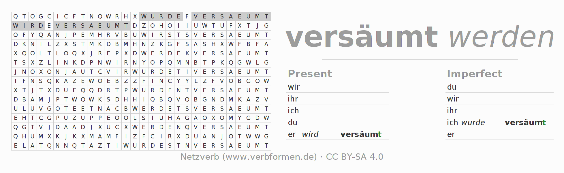 Word search puzzle for conjugation of German verb versäumen