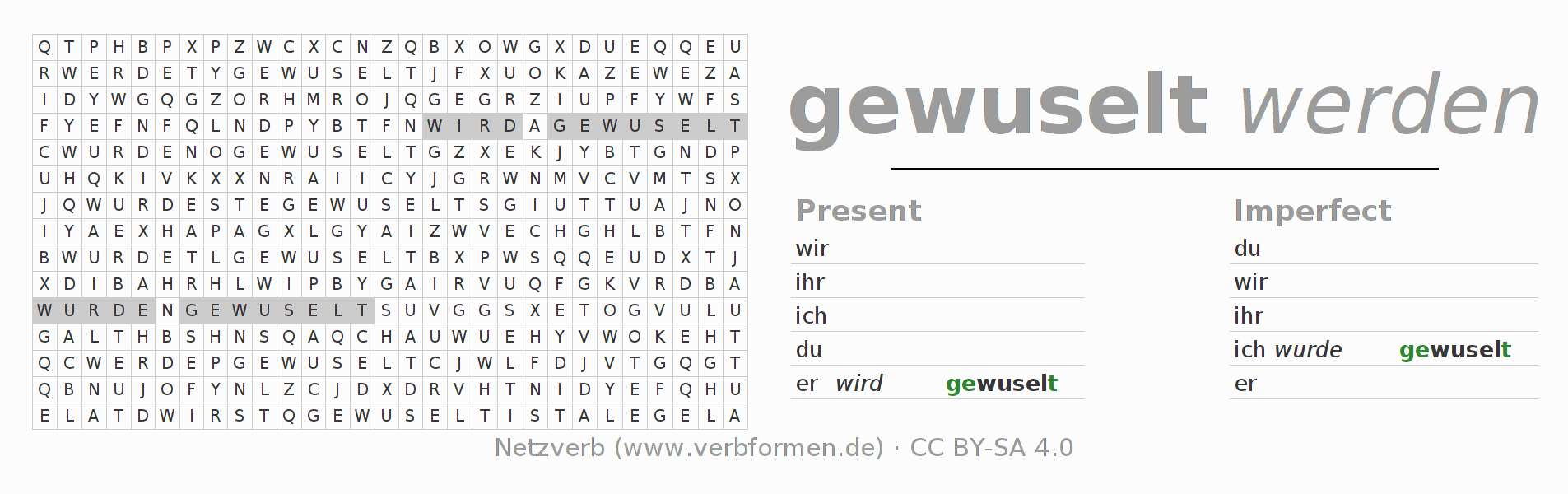Word search puzzle for conjugation of German verb wuseln (ist)