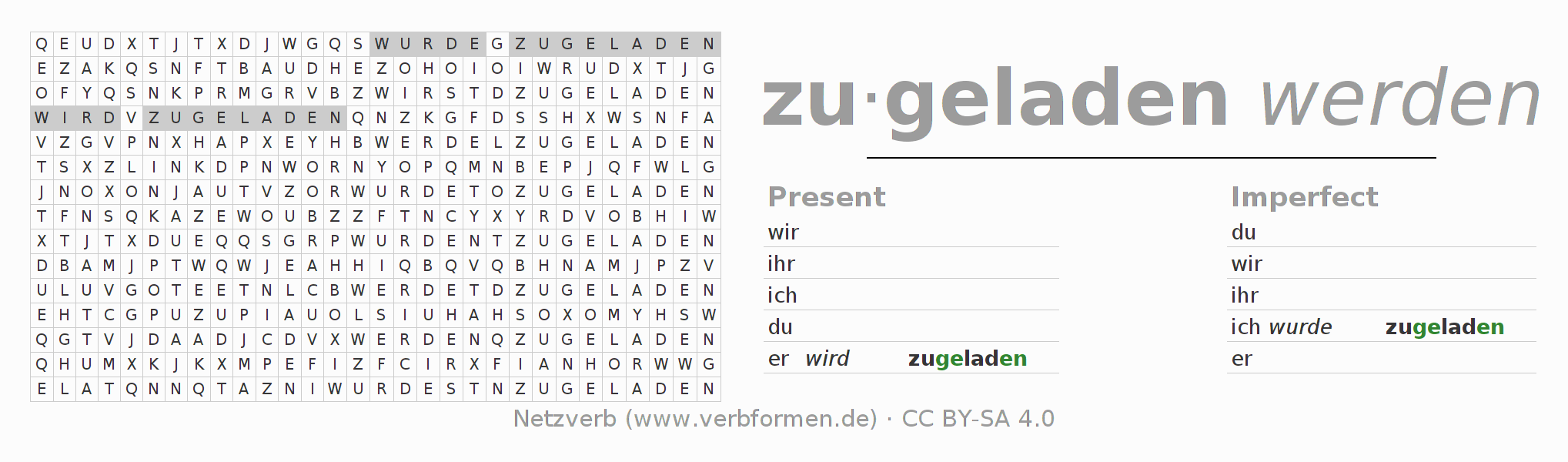 Word search puzzle for conjugation of German verb zuladen