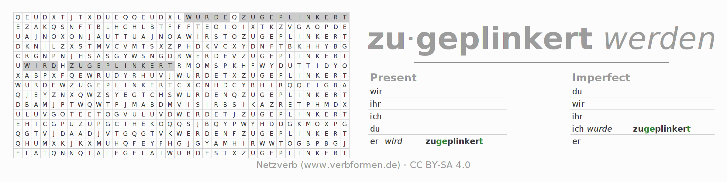 Word search puzzle for conjugation of German verb zuplinkern