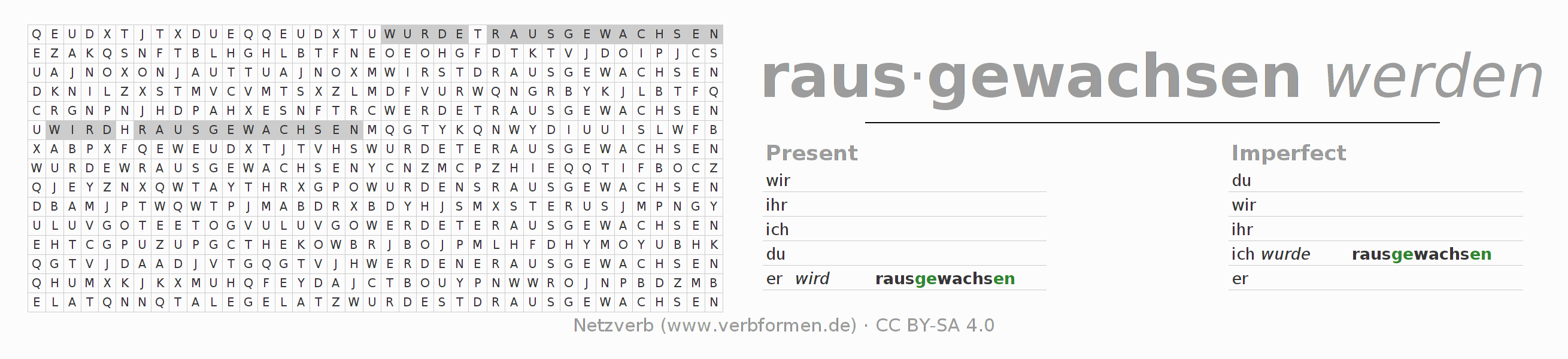 Word search puzzle for conjugation of German verb rauswachsen