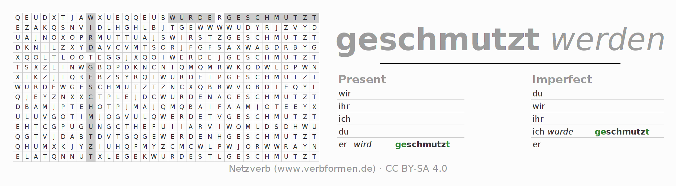 Word search puzzle for conjugation of German verb schmutzen