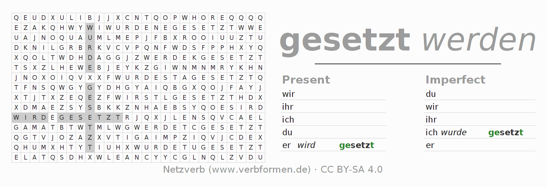 Word search puzzle for conjugation of German verb setzen (hat)