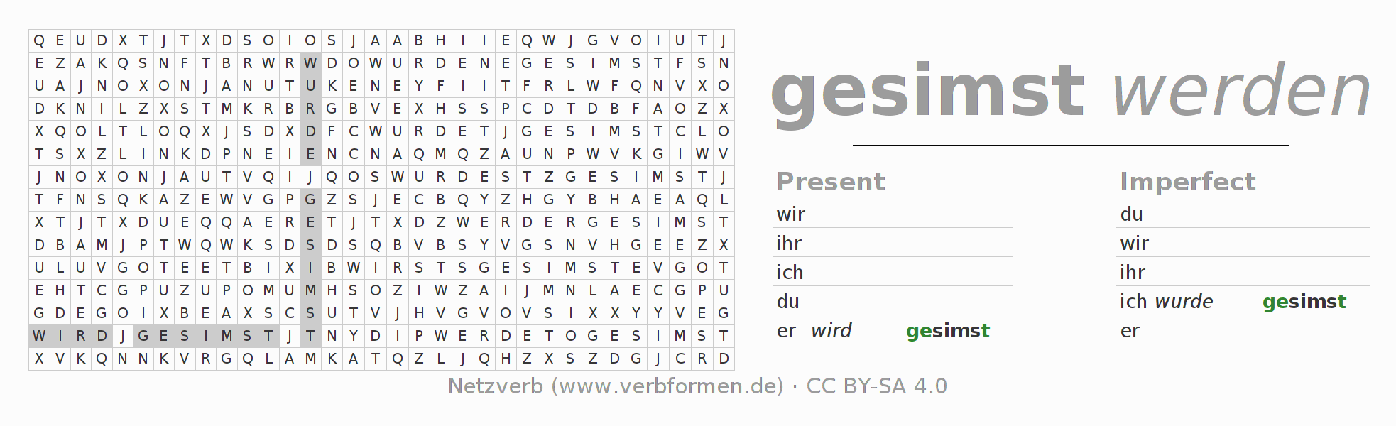 Word search puzzle for conjugation of German verb simsen