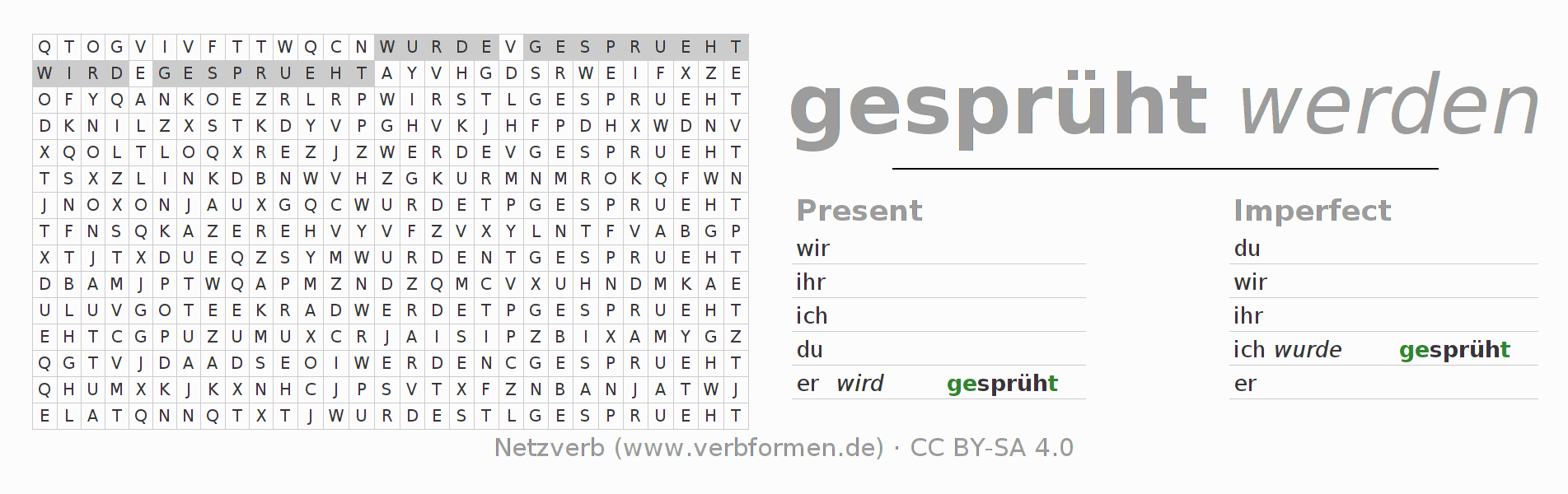 Word search puzzle for conjugation of German verb sprühen (hat)