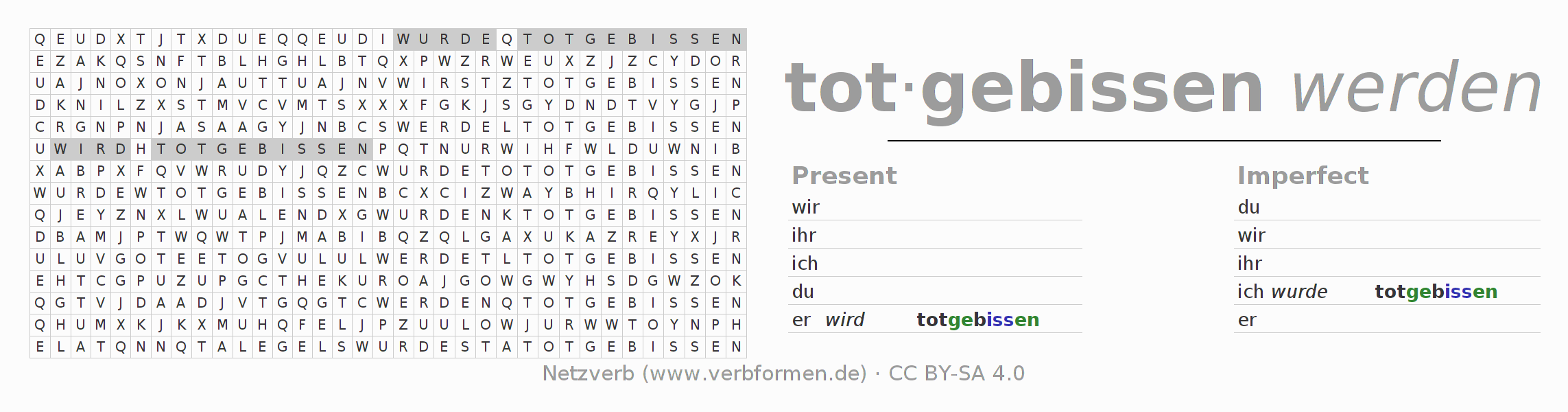 Word search puzzle for conjugation of German verb totbeißen