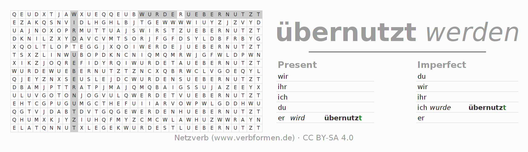 Word search puzzle for conjugation of German verb übernutzen