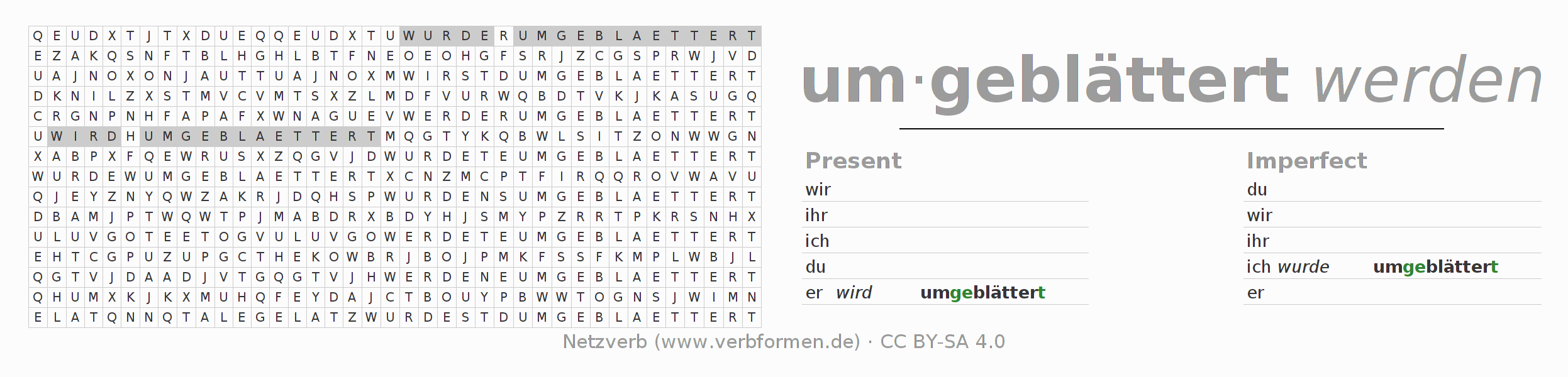 Word search puzzle for conjugation of German verb umblättern