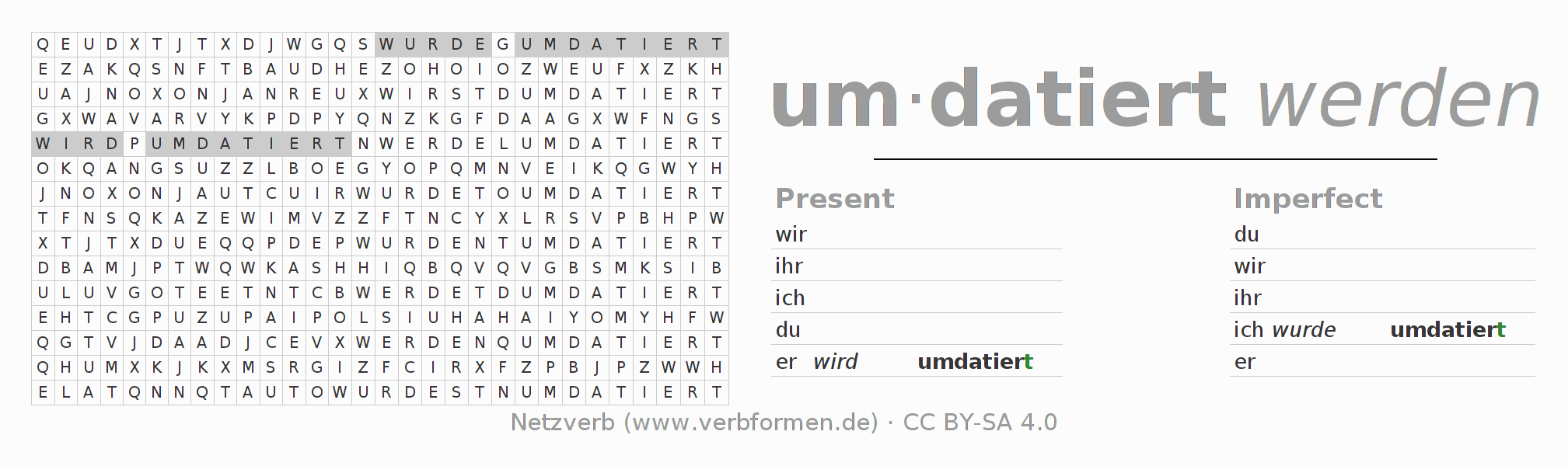 Word search puzzle for conjugation of German verb umdatieren