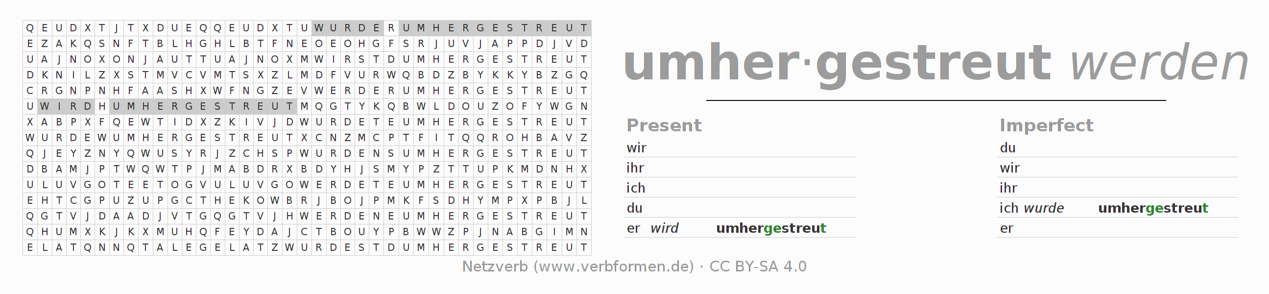 Word search puzzle for conjugation of German verb umherstreuen