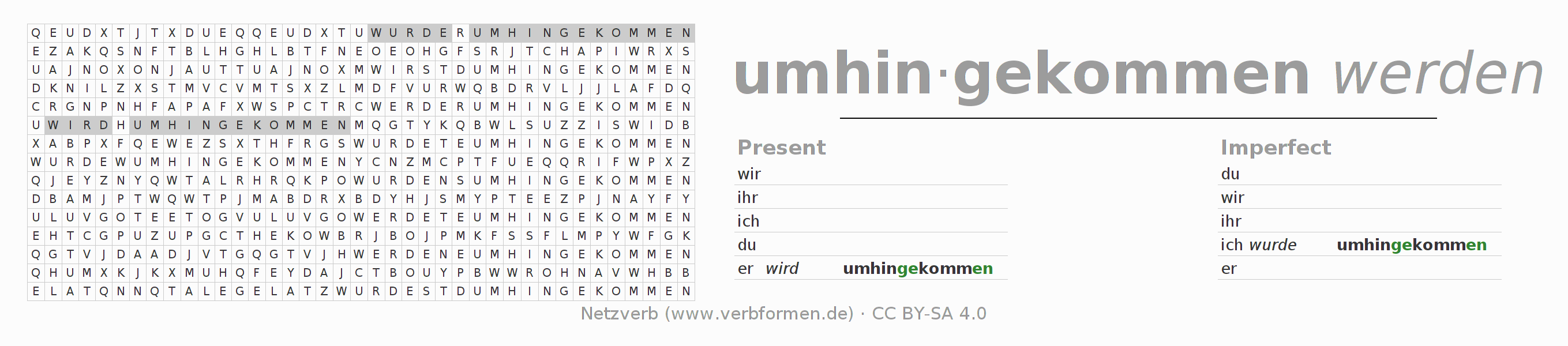 Word search puzzle for conjugation of German verb umhinkommen