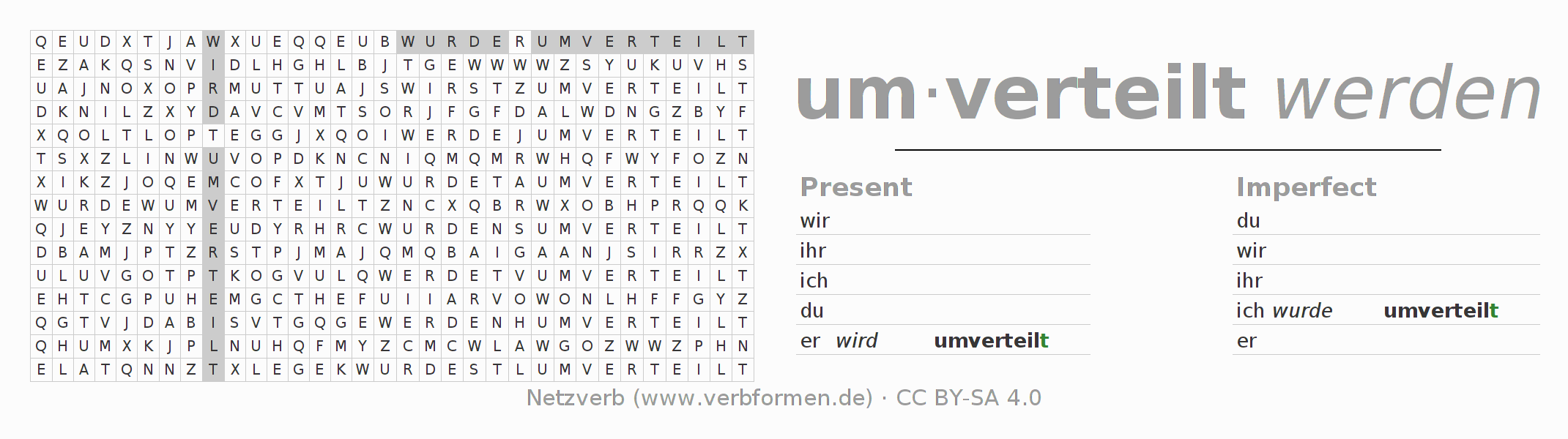Word search puzzle for conjugation of German verb umverteilen