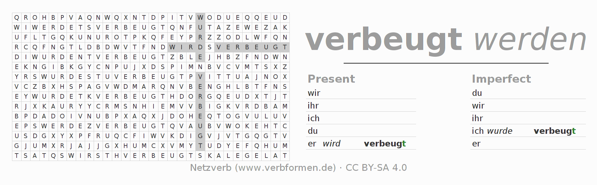 Word search puzzle for conjugation of German verb verbeugen