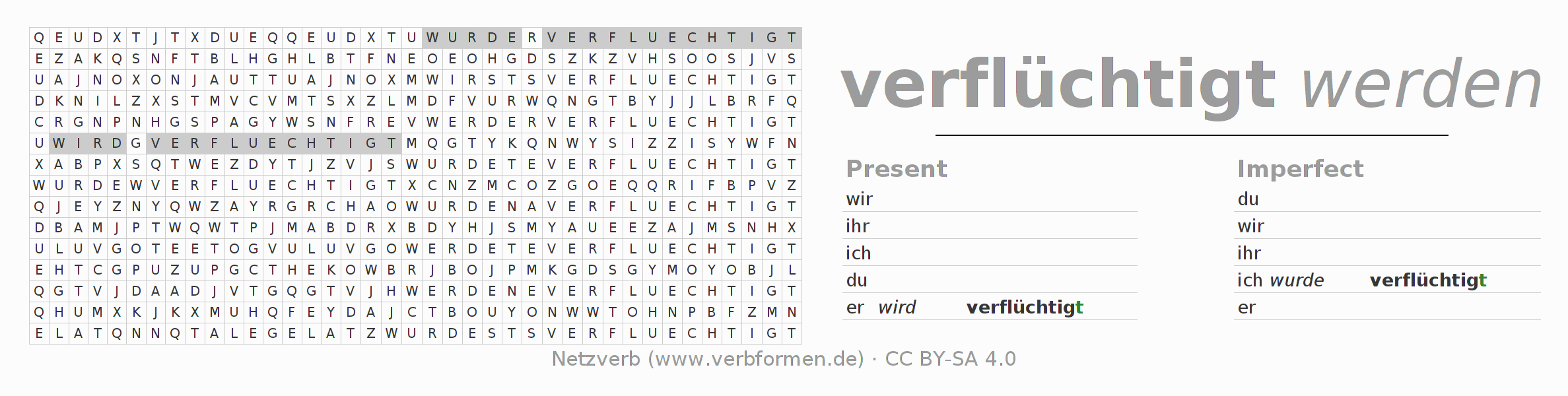 Word search puzzle for conjugation of German verb verflüchtigen