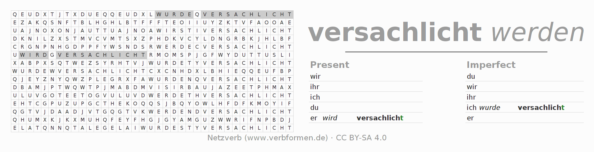 Word search puzzle for conjugation of German verb versachlichen