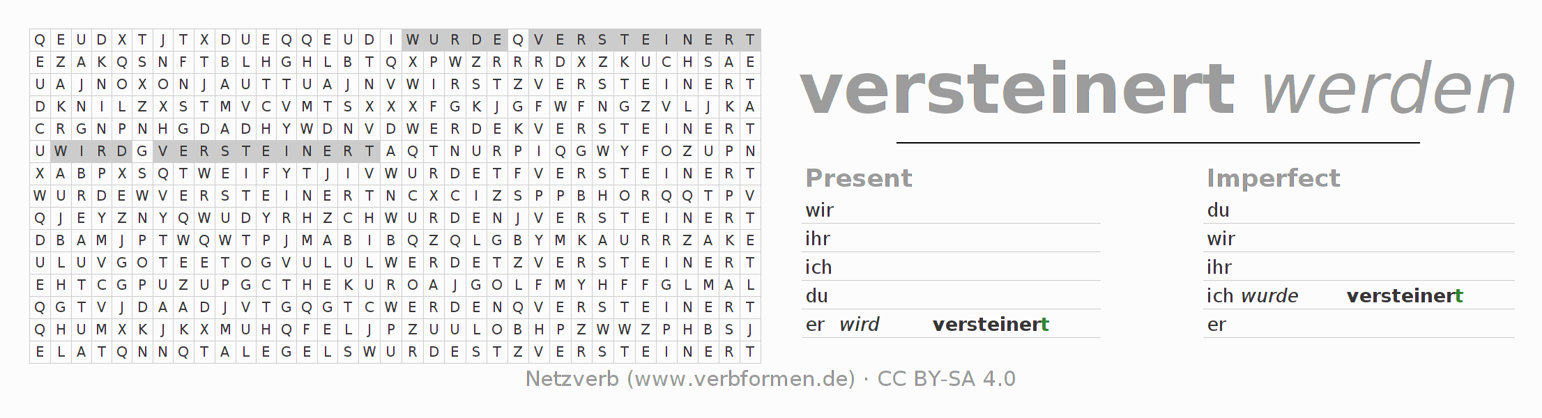 Word search puzzle for conjugation of German verb versteinern (hat)