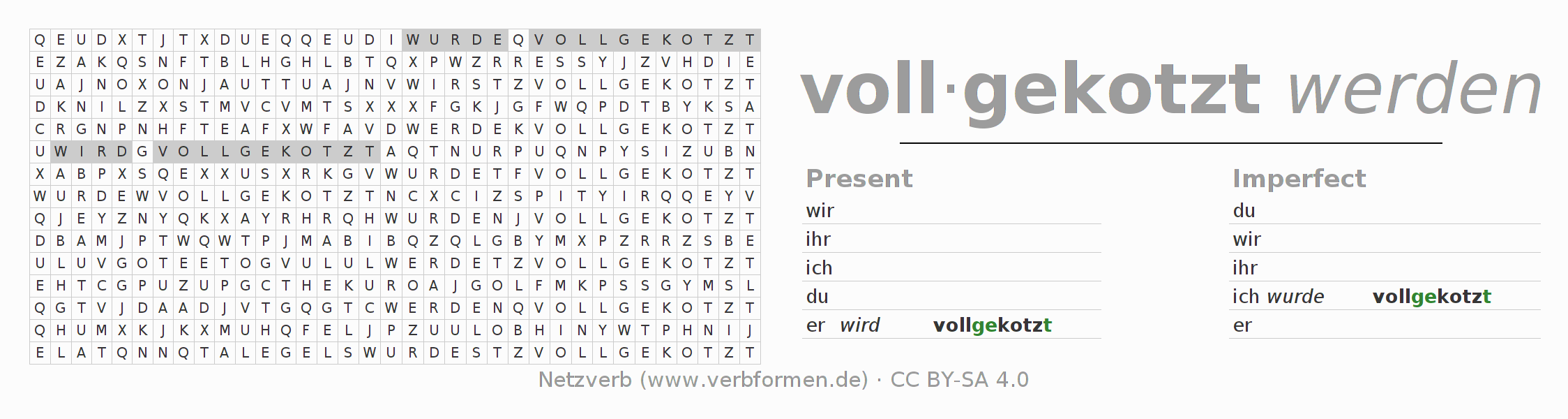 Word search puzzle for conjugation of German verb vollkotzen