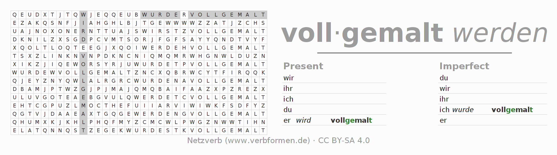 Word search puzzle for conjugation of German verb vollmalen