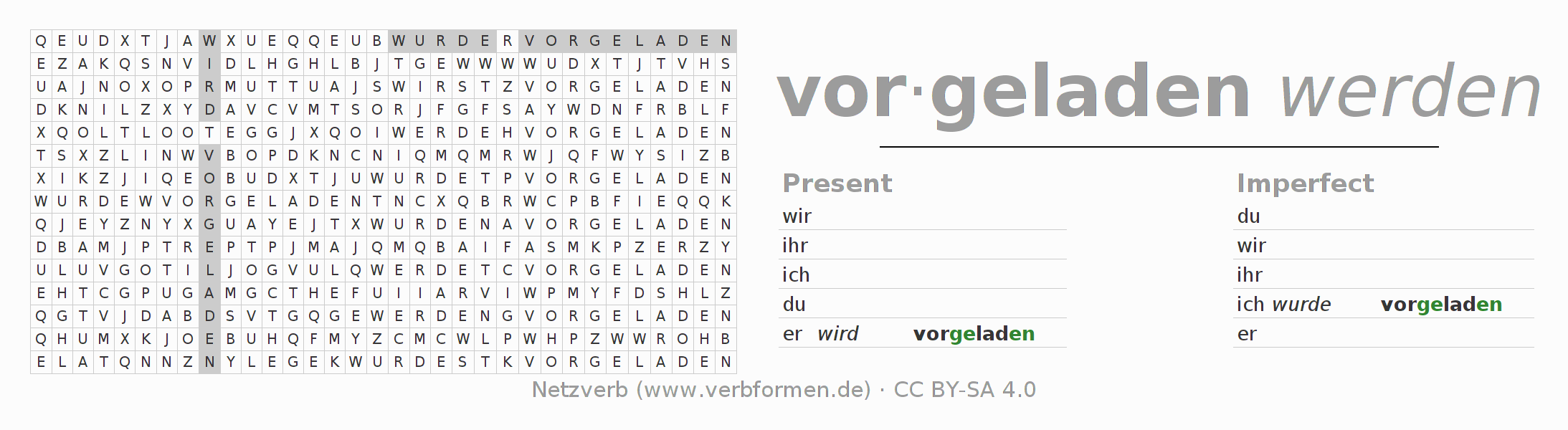 Word search puzzle for conjugation of German verb vorladen