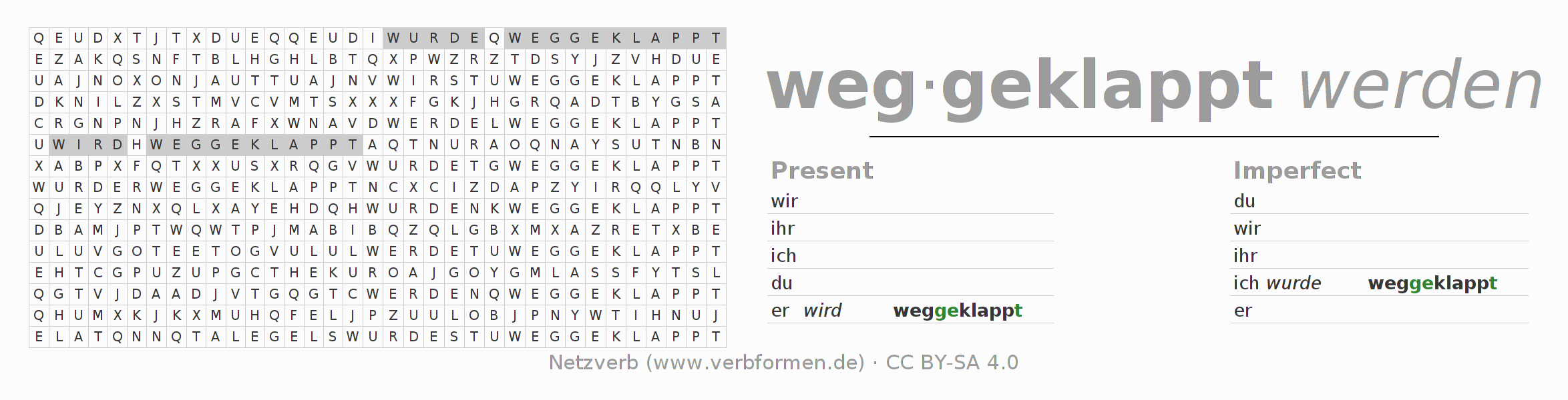 Word search puzzle for conjugation of German verb wegklappen