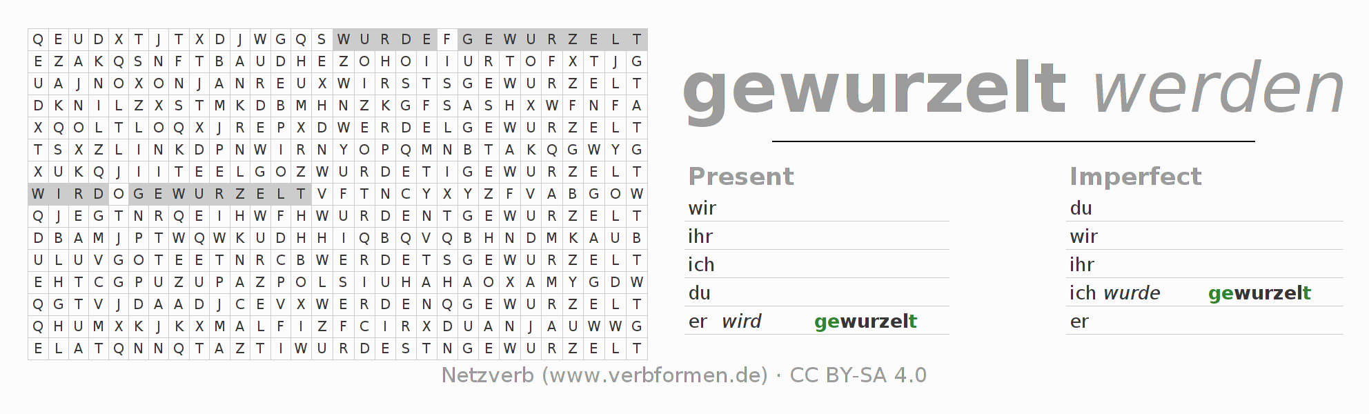 Word search puzzle for conjugation of German verb wurzeln