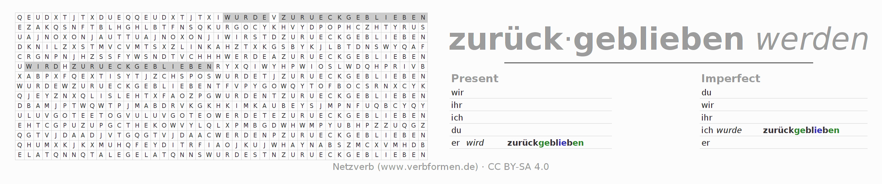 Word search puzzle for conjugation of German verb zurückbleiben