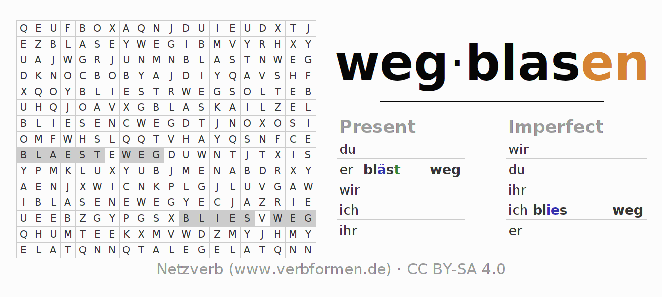 Word search puzzle for conjugation of German verb wegblasen