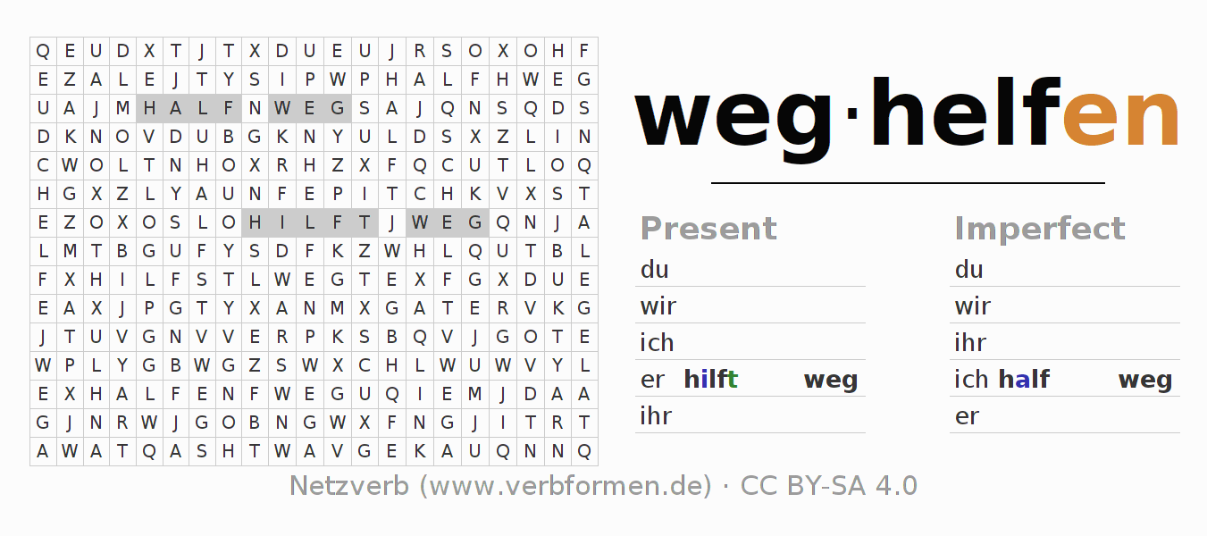 Word search puzzle for conjugation of German verb weghelfen
