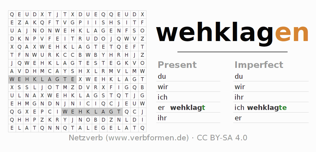 Word search puzzle for conjugation of German verb wehklagen
